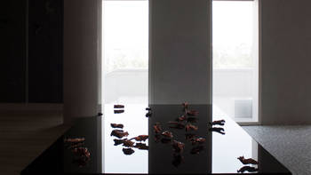 A piece of art displayed at Delta restaurant, which consists of a sleek table with certain objects placed on top